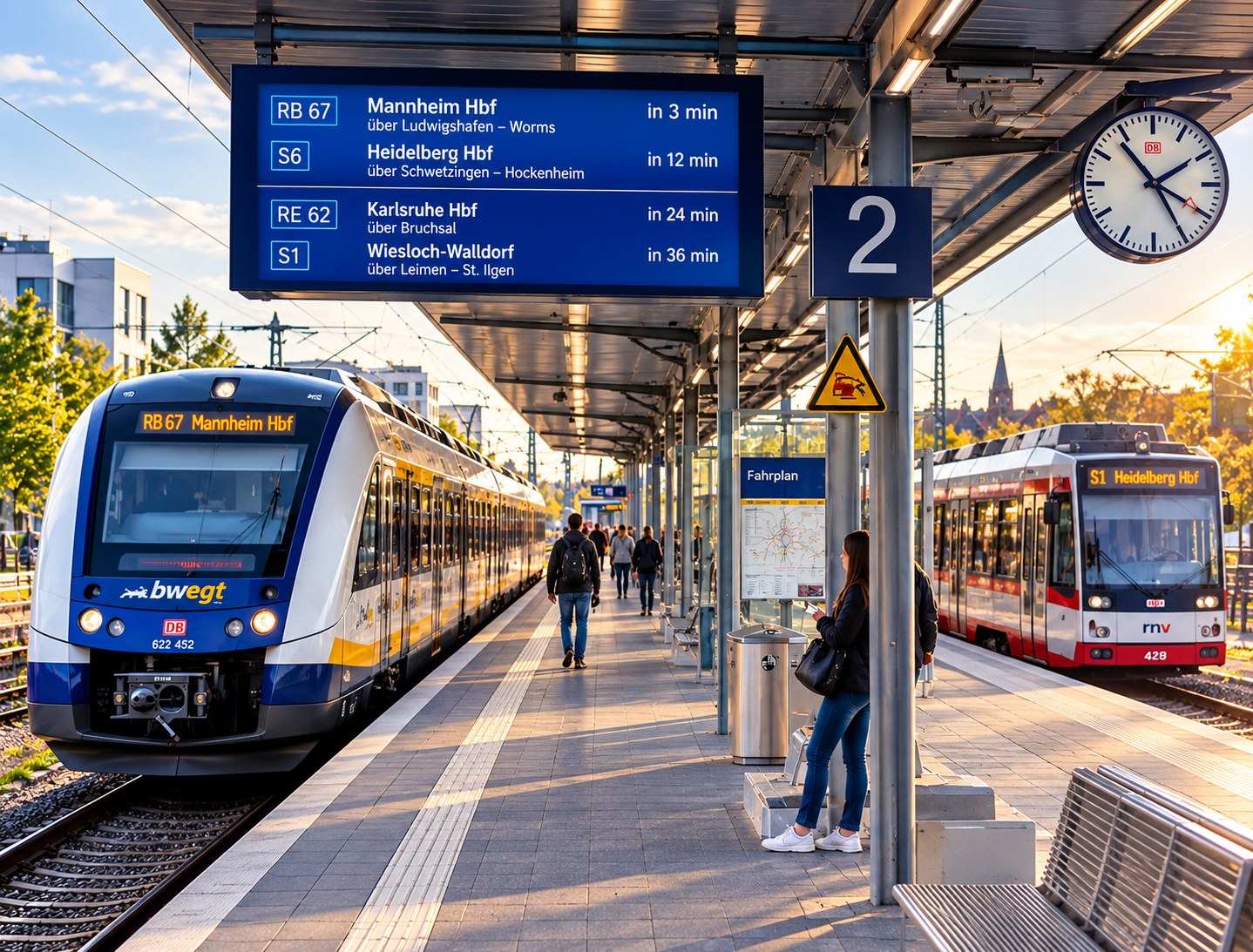 Bahnsteig mit digitaler Fahrgastinformation und Regionalzügen