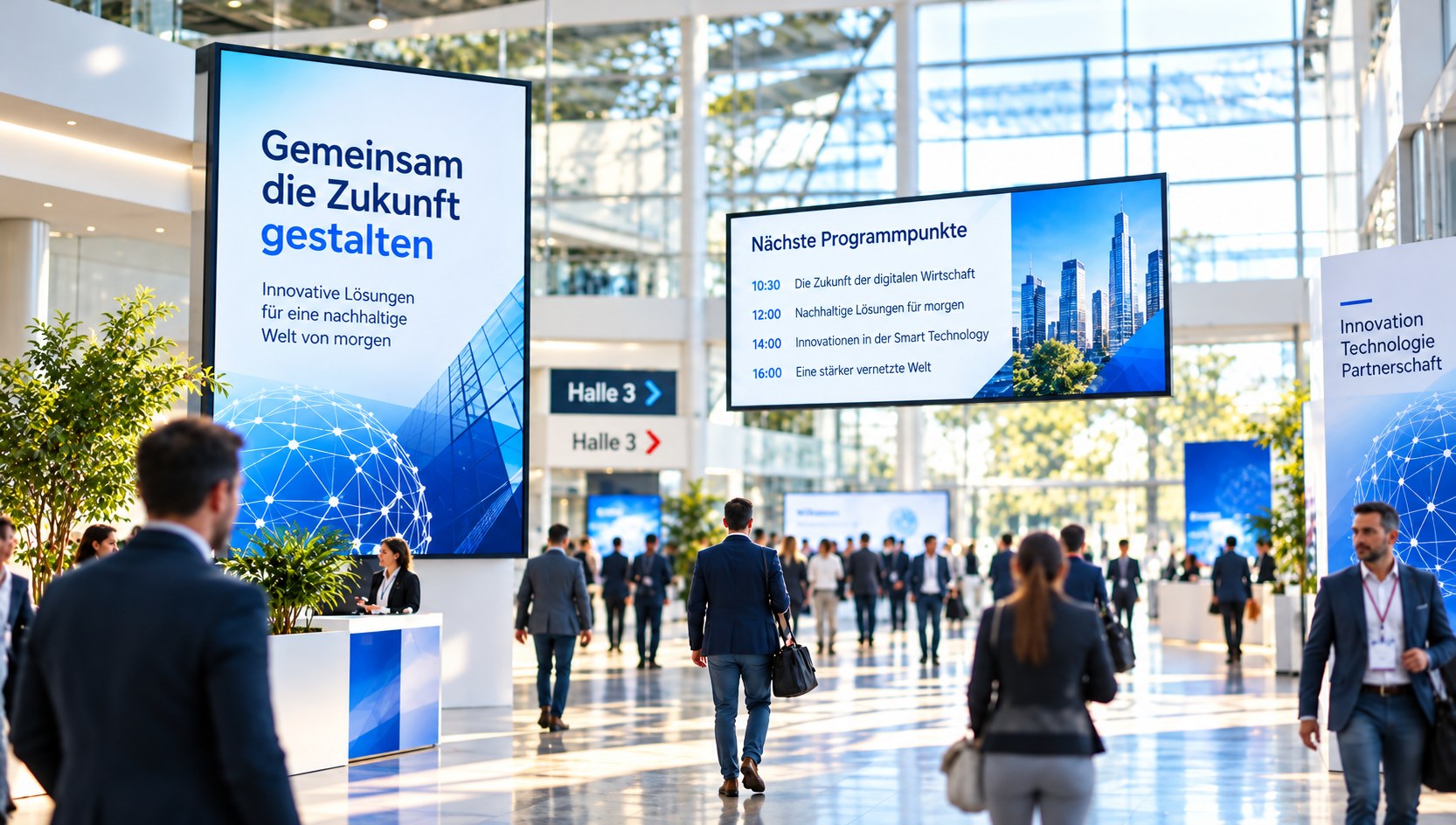 Messehalle mit großen Digital-Signage-Displays und Besuchern