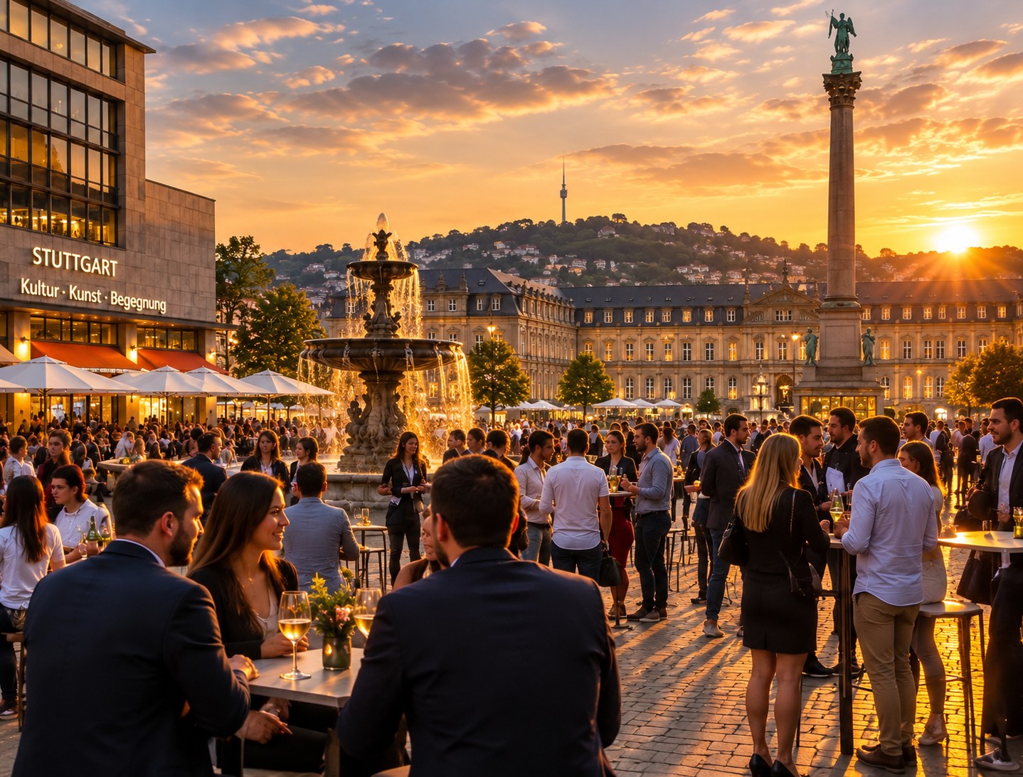 Abendveranstaltung auf einem belebten Platz in der Stuttgarter Innenstadt
