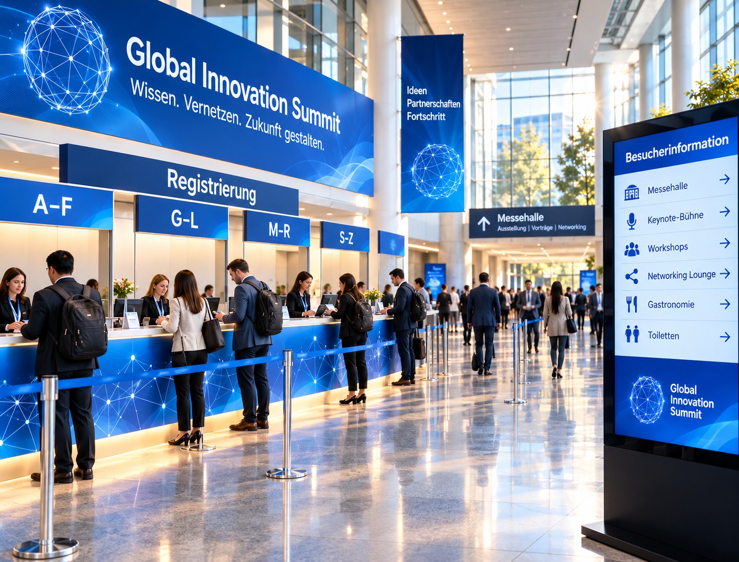 Registrierungsbereich und digitale Besucherinformation im Foyer eines Kongresszentrums