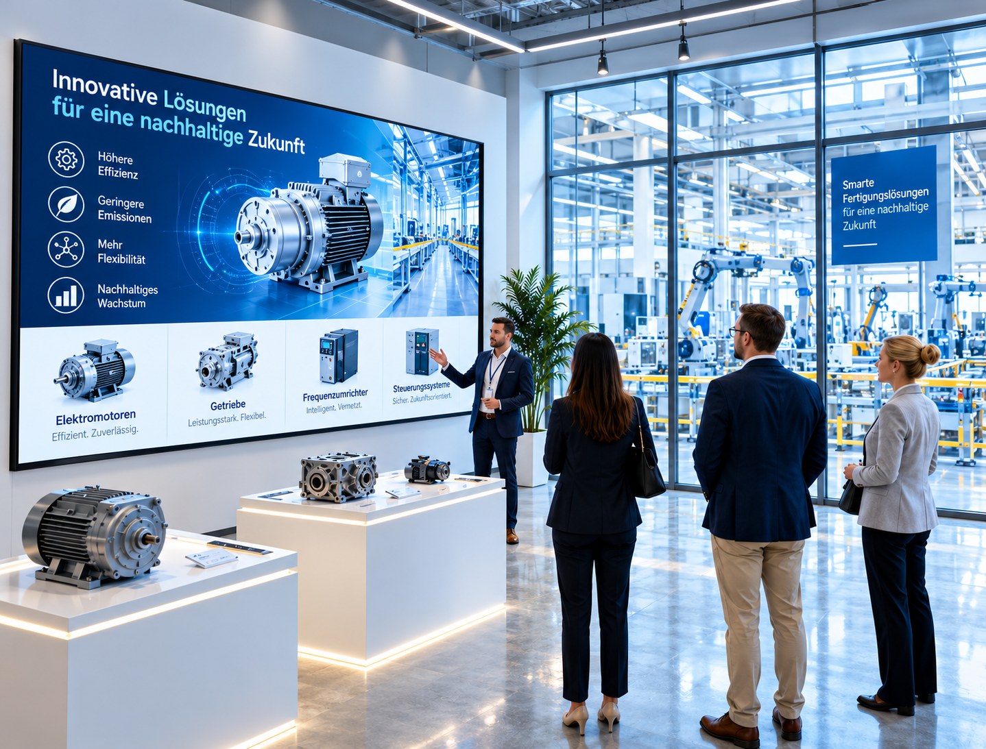 Produktpräsentation auf einem großen Display im Showroom eines Industrieunternehmens